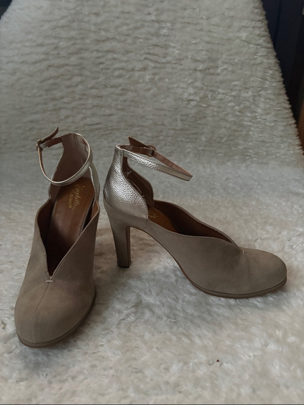 Seychelles Taupe Suede Heels with Gold Ankle Strap